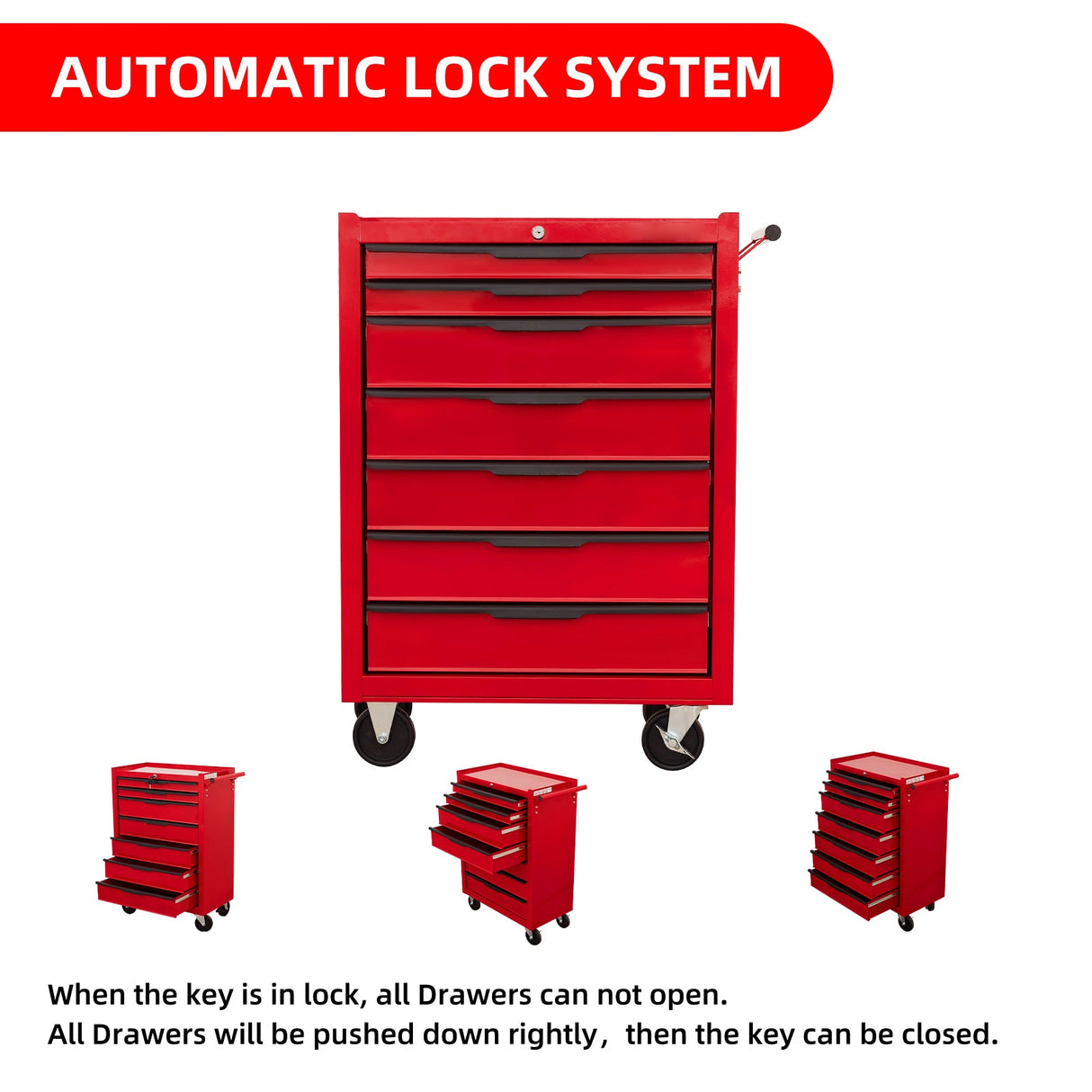 7 - Drawer Rolling Tool Chest Cabinet with Wheels and Cylinder Locking 700 Lbs Capacity Metal - Red - Fab Heavy Parts