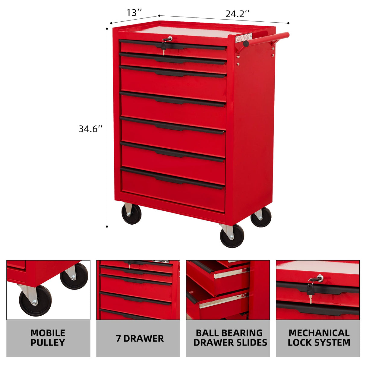 7 - Drawer Rolling Tool Chest Cabinet with Wheels and Cylinder Locking 700 Lbs Capacity Metal - Red - Fab Heavy Parts