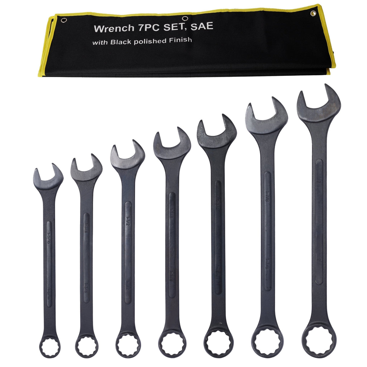 7 PCS SAE Jumbo Combination Wrench Set Extra Large SAE 1-5/16", 1-3/8", 1-1/2", 1-5/8", 1-3/4", 1-7/8", 2", Black Oxide with Storage Bag - Fab Heavy Parts