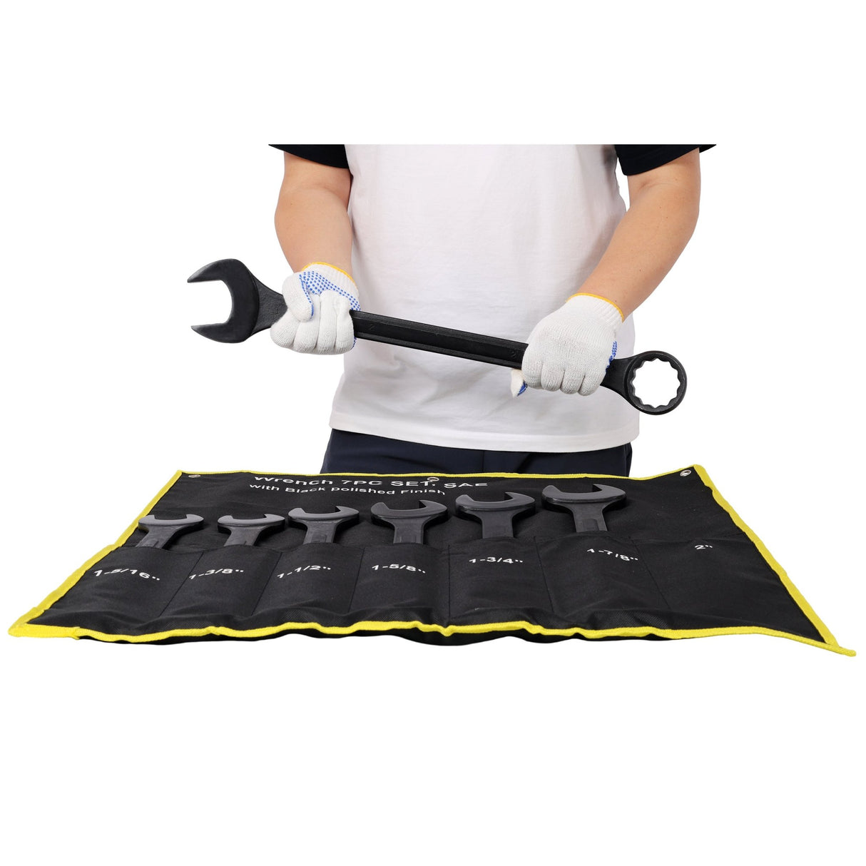 7 PCS SAE Jumbo Combination Wrench Set Extra Large SAE 1-5/16", 1-3/8", 1-1/2", 1-5/8", 1-3/4", 1-7/8", 2", Black Oxide with Storage Bag - Fab Heavy Parts