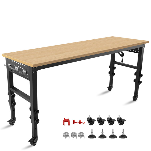 72" ×24'' Adjustable Workbench Heavy - Duty with Power Outlet and Wheels Rubber Wood Top Large Load Capacity - Fab Heavy Parts