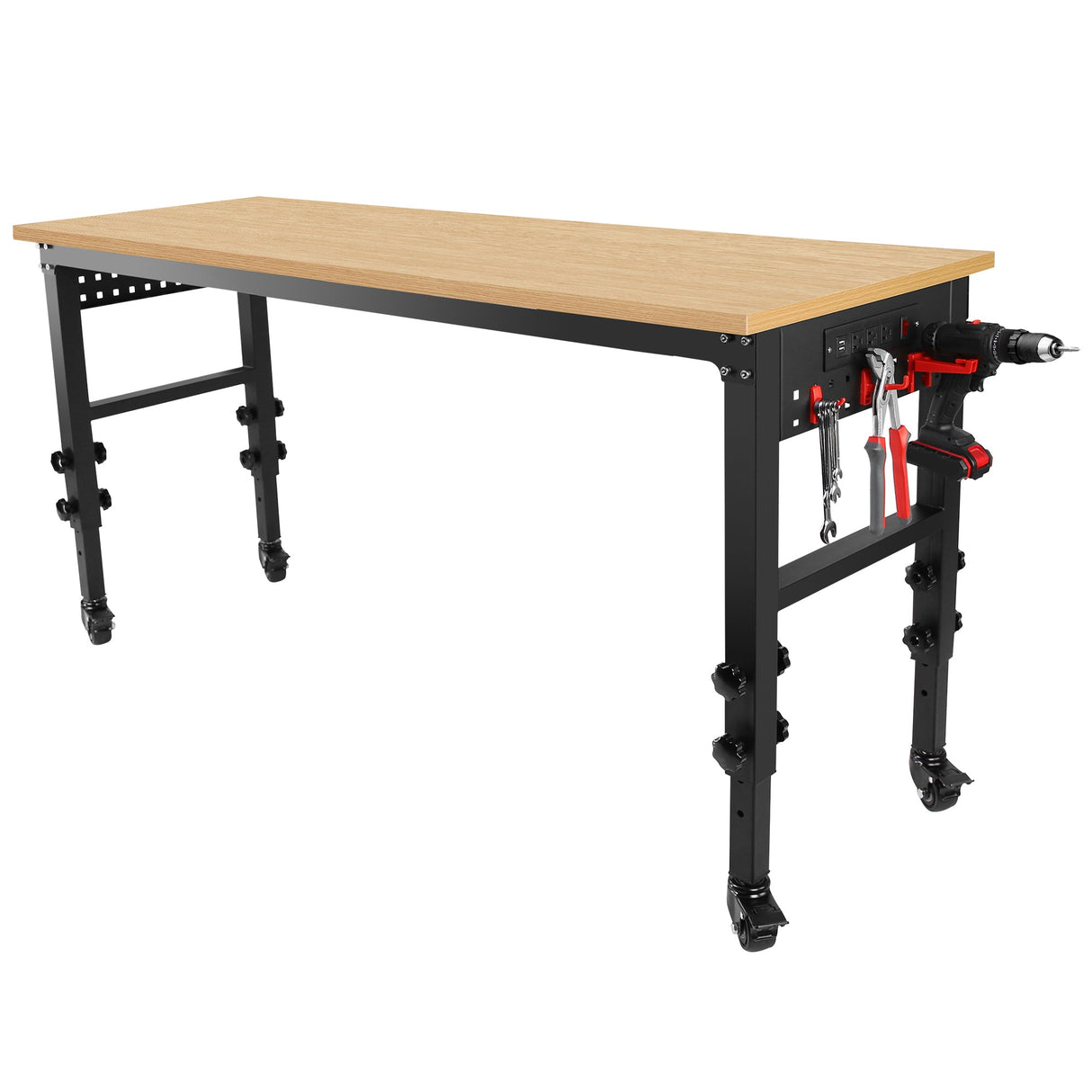 72" ×24'' Adjustable Workbench Heavy - Duty with Power Outlet and Wheels Rubber Wood Top Large Load Capacity - Fab Heavy Parts