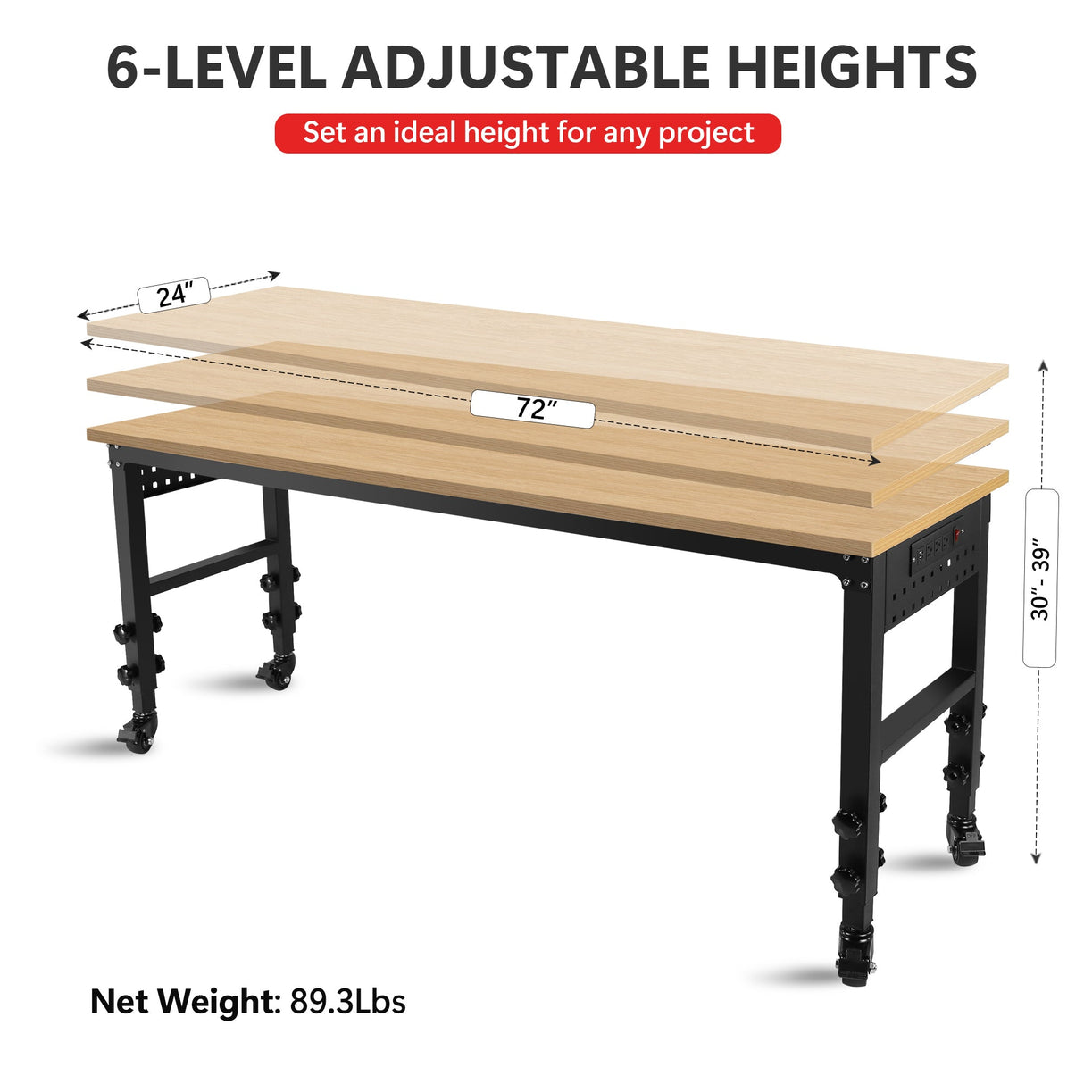 72" ×24'' Adjustable Workbench Heavy - Duty with Power Outlet and Wheels Rubber Wood Top Large Load Capacity - Fab Heavy Parts