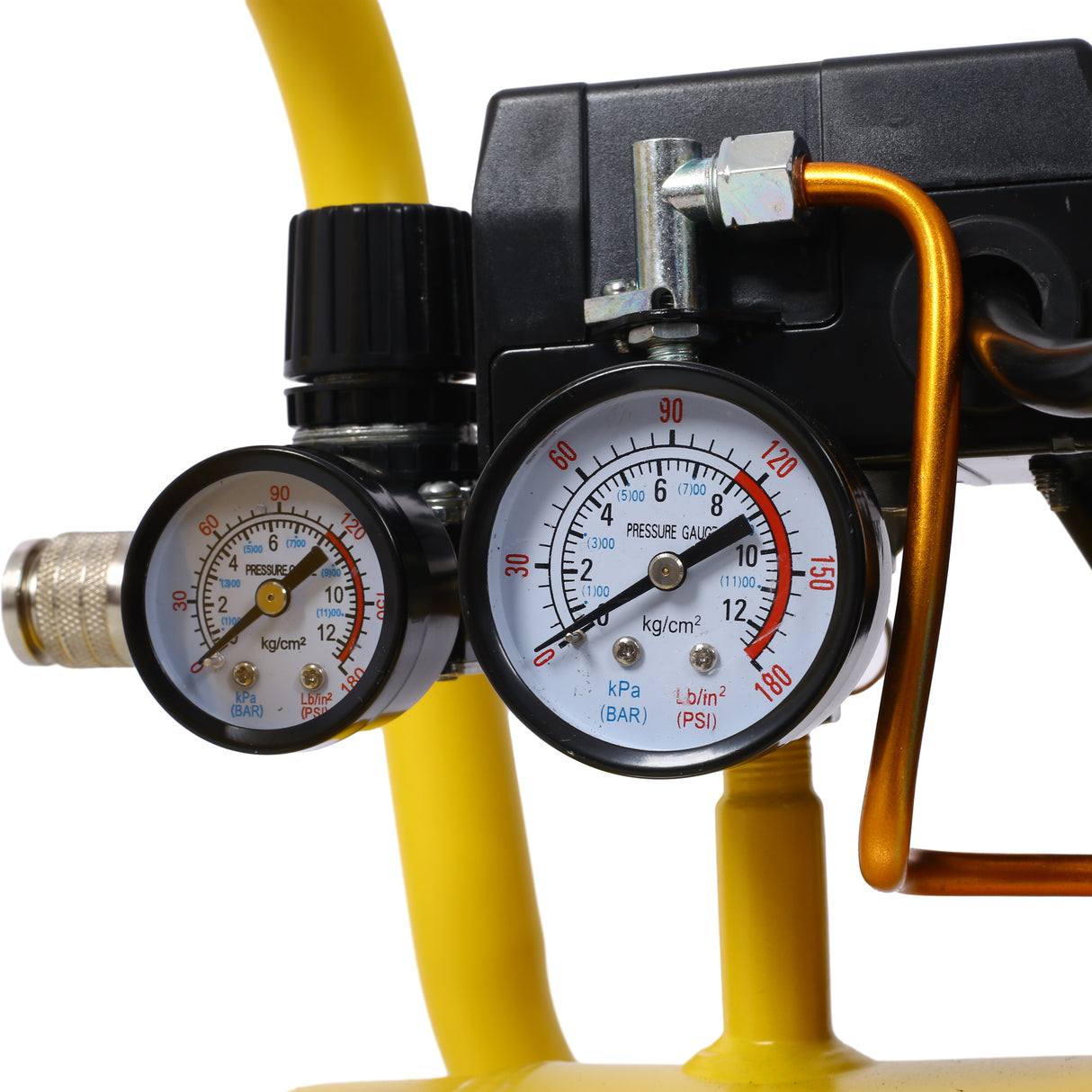 Compresor de aire silencioso de 2.5 hp 13 galones Tienda eléctrica sin aceite sin aceite Ligero con ruedas Nivel de ruido de 70 dba con válvula de drenaje automática amarillo