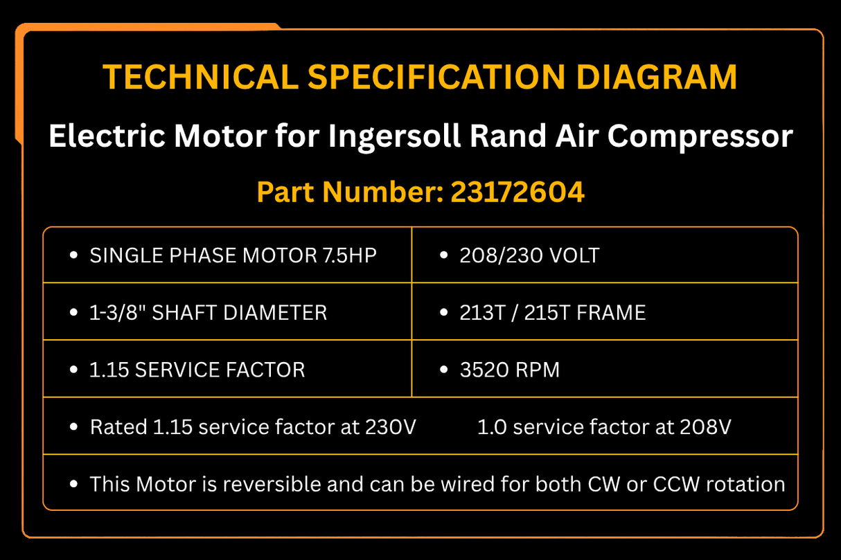 7.5HP 3450RPM Single Phase 230V Electric Motor 23172604 for Ingersoll Rand Air Compressor - Fab Heavy Parts