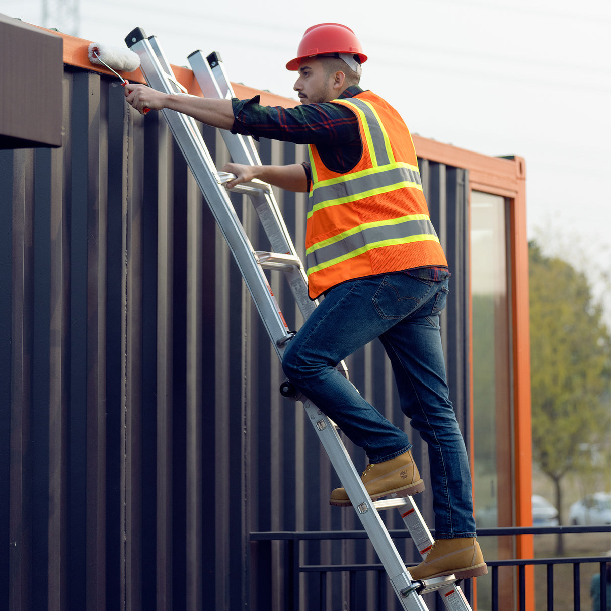 17ft Multi-Position Foldable Aluminum Ladder A-Frame and Straight Ladder ANSI 250lbs--Grey