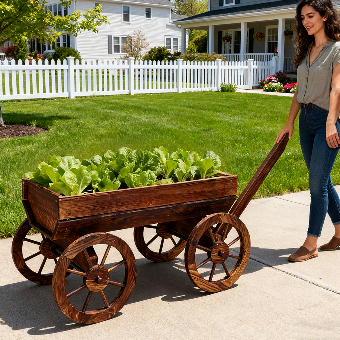 Wood Wagon Flower Planter Pot Stand w/ wheels-茶色