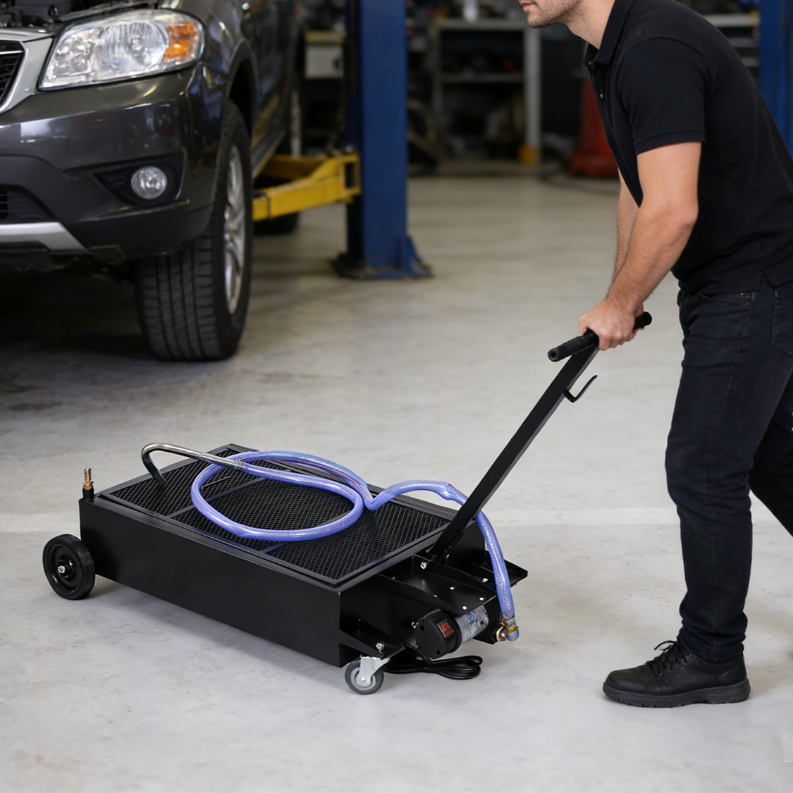 25 Gallon Low Profile Oil Drain Pan with Electric Pump--Black