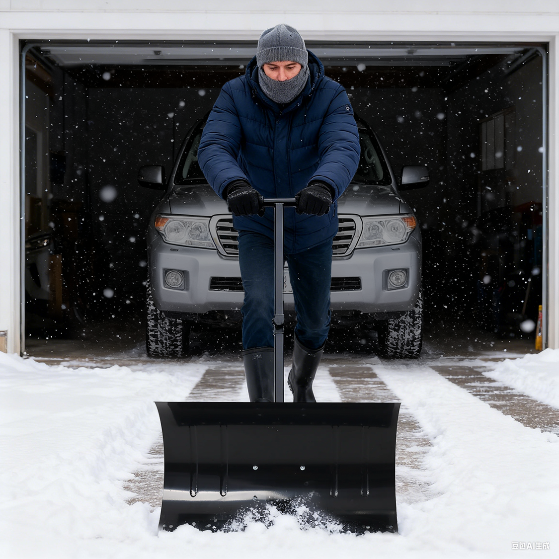 Snow Shovel Pusher with Wheels Cushioned Adjustable Angle Handle Removal Tool 29" Blade 10" Wheels Black