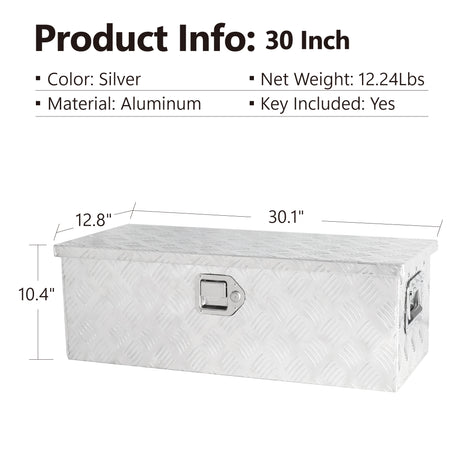 30 Inch Truck Box Heavy Duty Silver Aluminum 5 Bar Tread Tool Long Box with Lock Keys 30.1"×12.8"×10.4"