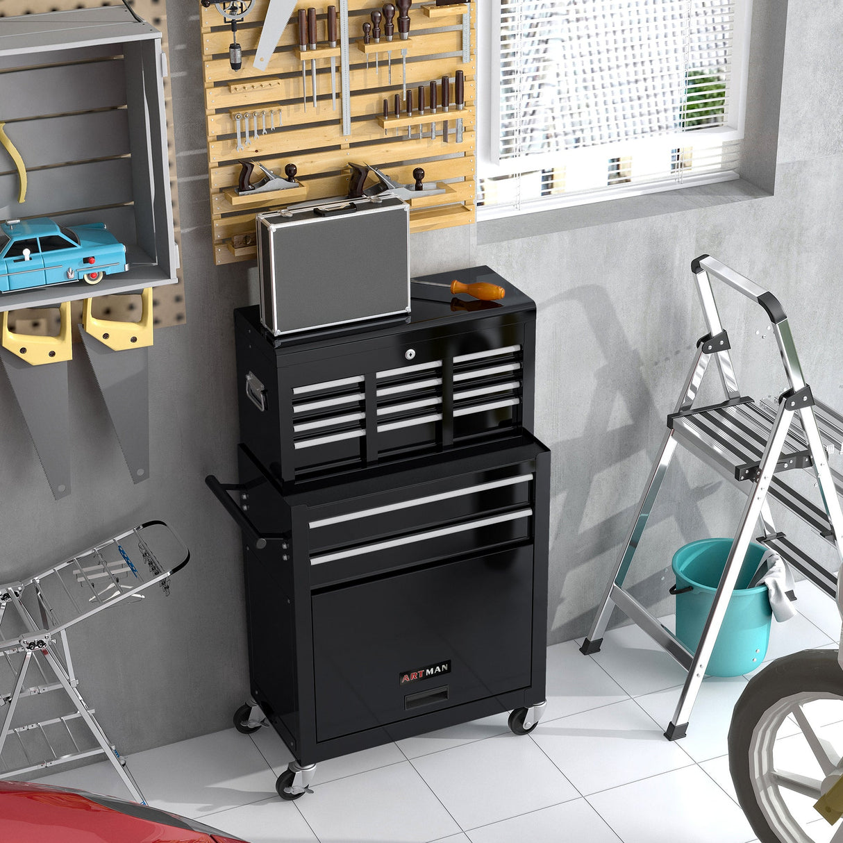 8 - Drawer Tool Storage Cabinet High Capacity Rolling Chest with Wheels and Drawers Black - Fab Heavy Parts