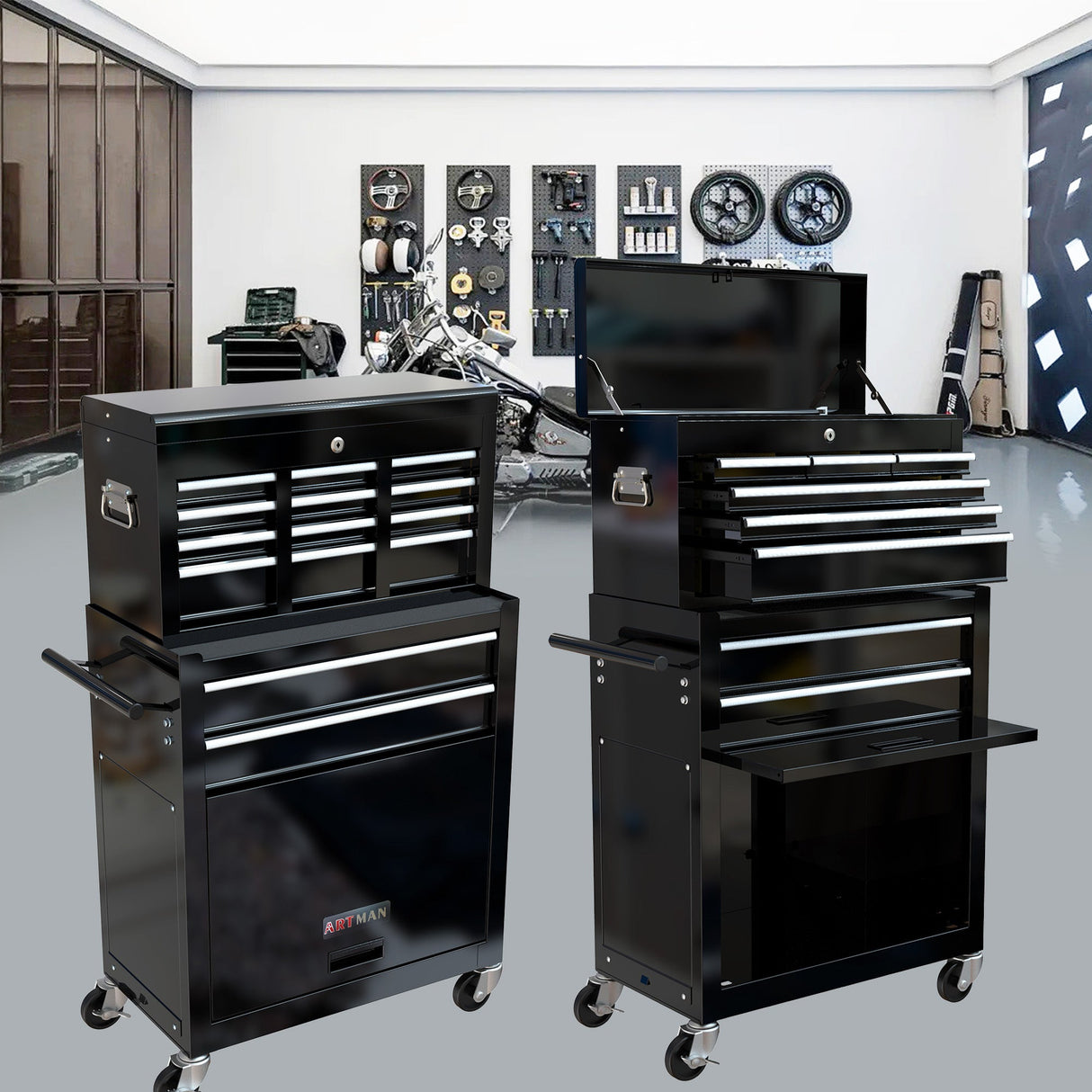 8 - Drawer Tool Storage Cabinet High Capacity Rolling Chest with Wheels and Drawers Black - Fab Heavy Parts