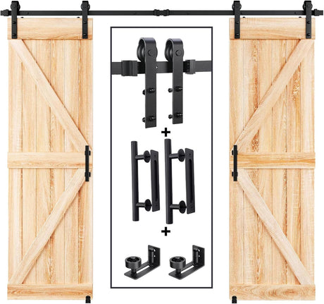 8 FT Double Sliding Barn Door Track and Handle Hardware Kit Basic J Pulley Easy Install 8FT Track Kit for 20'~24' Wide Double Door - Fab Heavy Parts