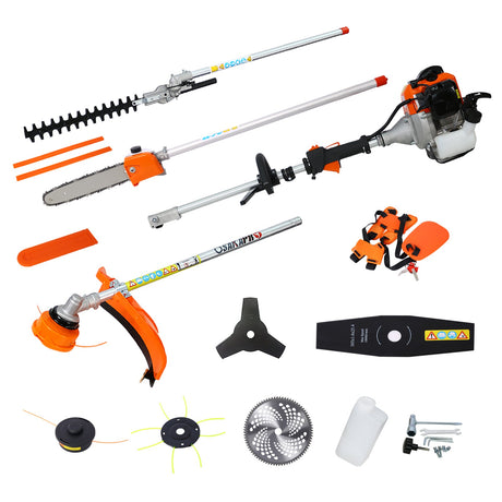 8 in 1 Multi - Functional Trimming 56CC 2 - Cycle Garden Tool System with Gas Pole Saw Hedge Trimmer Grass Trimmer and Brush Cutter EPA Compliant - Fab Heavy Parts