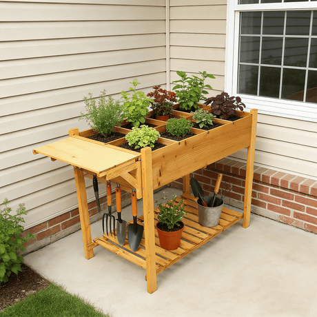 8 Pockets Horticulture Raised Garden Bed Elevated Wood Planter Box Stand with Foldable Side Table and Storage Shelf for Herb/Vegetables/Flowers - Brown - Fab Heavy Parts