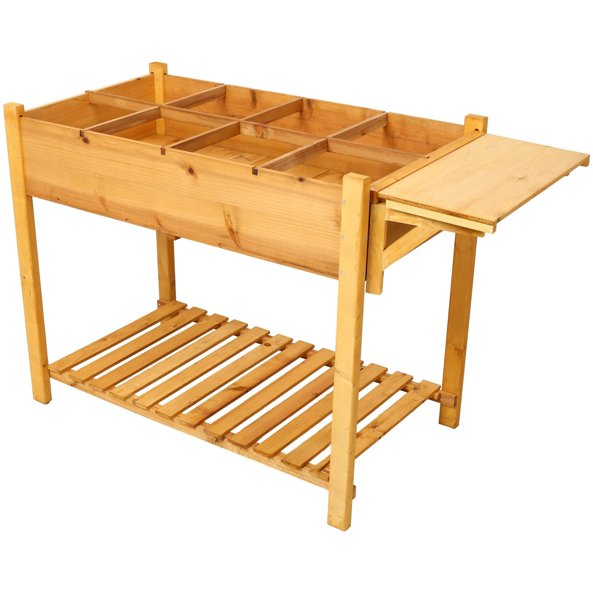 8 Pockets Horticulture Raised Garden Bed Elevated Wood Planter Box Stand with Foldable Side Table and Storage Shelf for Herb/Vegetables/Flowers - Brown - Fab Heavy Parts