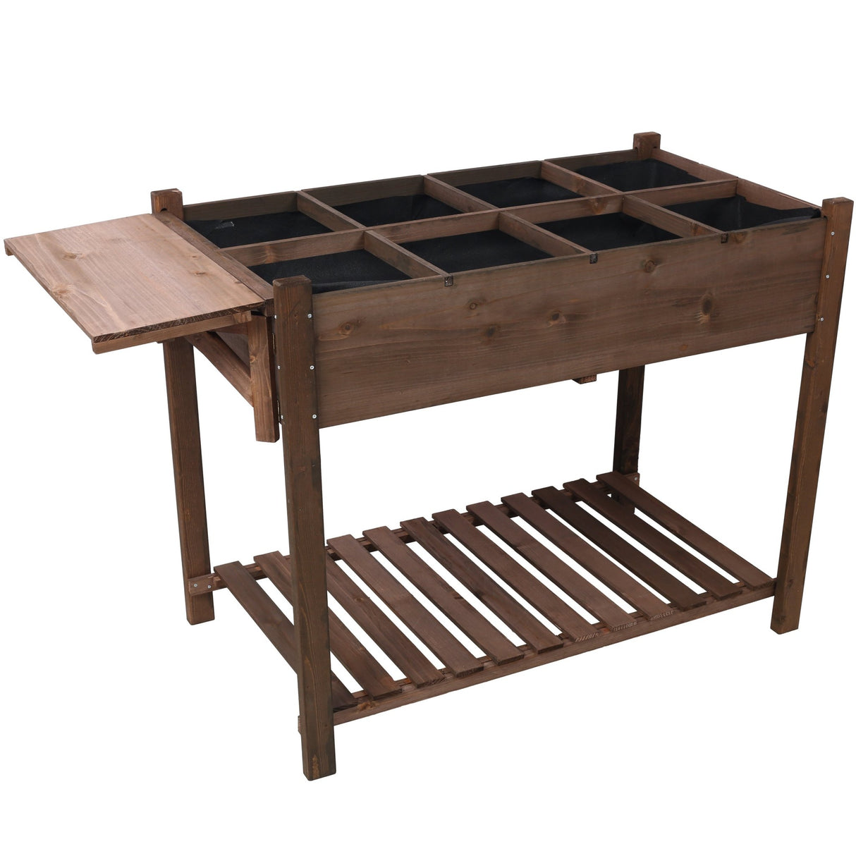 8 Pockets Horticulture Raised Garden Bed Elevated Wood Planter Box Stand with Foldable Side Table and Storage Shelf for Herb/Vegetables/Flowers - Dark Brown Color - Fab Heavy Parts