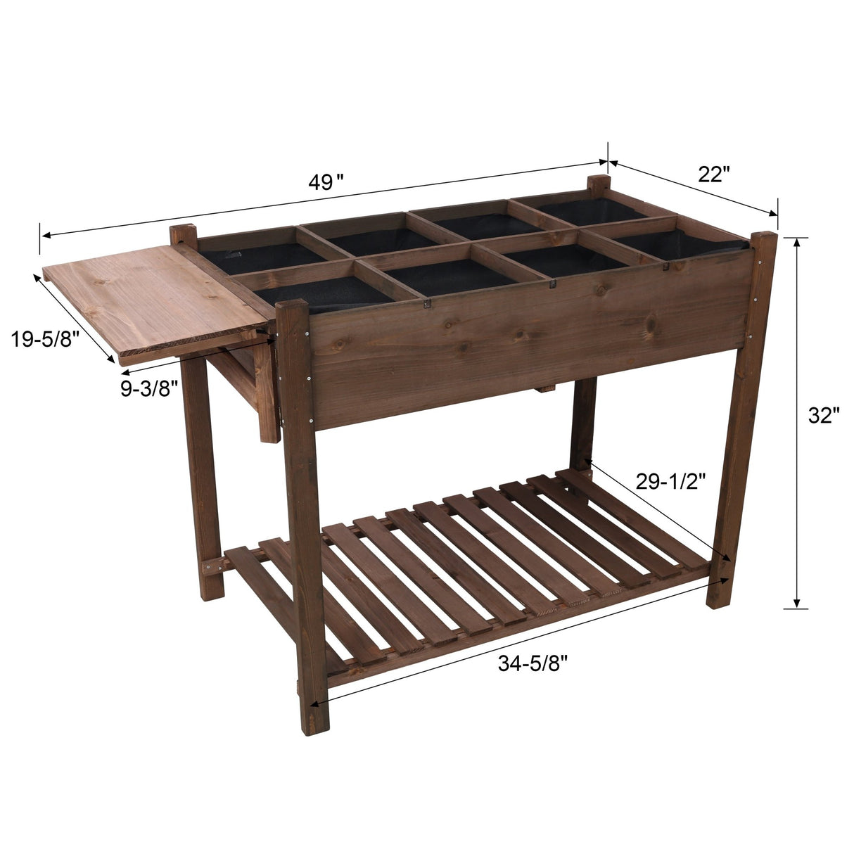 8 Pockets Horticulture Raised Garden Bed Elevated Wood Planter Box Stand with Foldable Side Table and Storage Shelf for Herb/Vegetables/Flowers - Dark Brown Color - Fab Heavy Parts