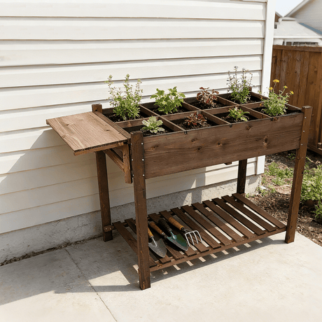 8 Pockets Horticulture Raised Garden Bed Elevated Wood Planter Box Stand with Foldable Side Table and Storage Shelf for Herb/Vegetables/Flowers - Dark Brown Color - Fab Heavy Parts