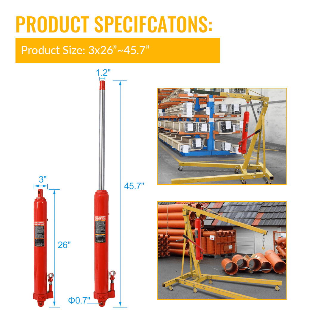 8 Ton Hydraulic Long Ram Jack with Single Piston Pump and Clevis Base - Red - Fab Heavy Parts