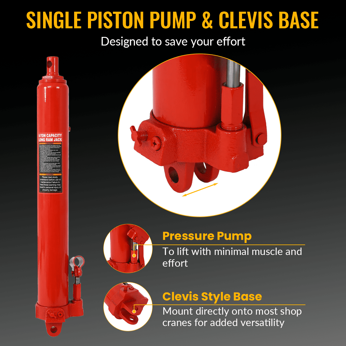 8 Ton Hydraulic Long Ram Jack with Single Piston Pump and Clevis Base - Red - Fab Heavy Parts