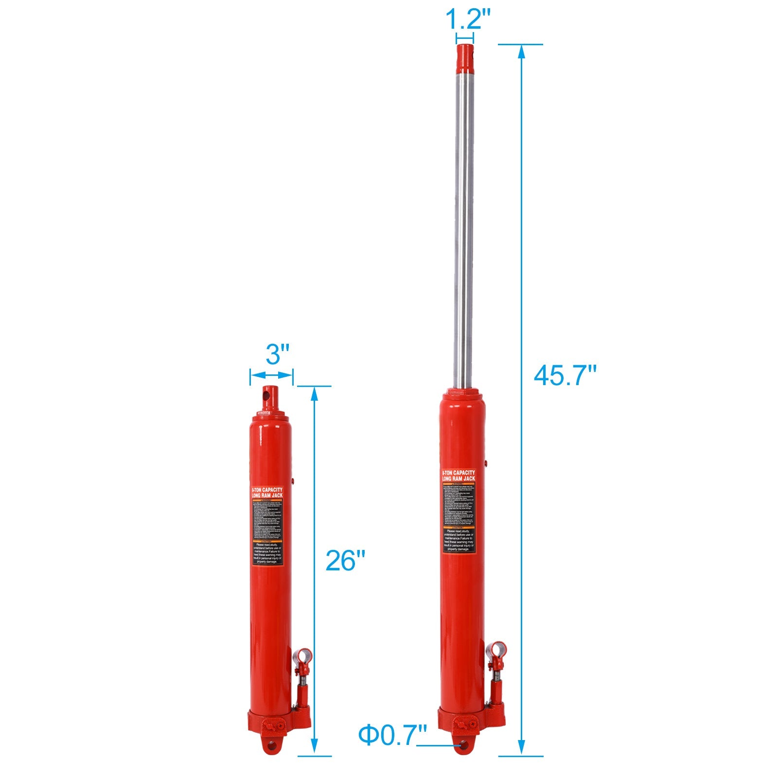 8 Ton Hydraulic Long Ram Jack with Single Piston Pump and Clevis Base - Red - Fab Heavy Parts