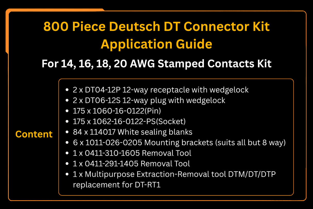 800 Piece Deutsch DT Connector Kit Stamped for 14 16 18 20 GA. WIRE - Fab Heavy Parts