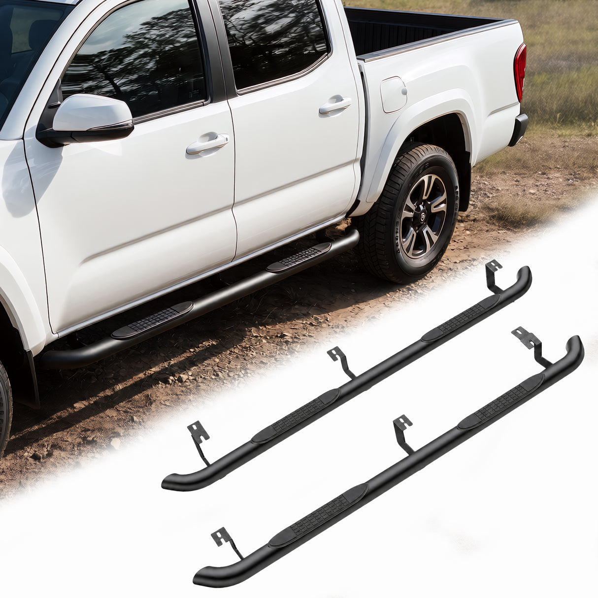 2PCS 4 Inch Running Boards Side Steps Fit Toyota Tacoma 2005-2023 (Crew Cab/Double Cab) Oval Straight Carbon Steel Black Powder