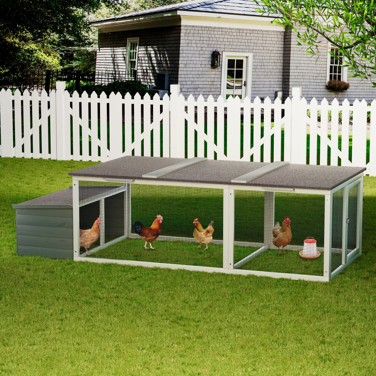85.6" Large Wooden Walk - in Chicken Coop with Nesting Box & Weatherproof Asphalt Roof Secure Locks Metal Mesh Run - Fab Heavy Parts