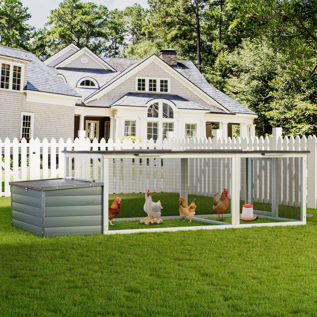 85.6" Large Wooden Walk - in Chicken Coop with Nesting Box & Weatherproof Asphalt Roof Secure Locks Metal Mesh Run - Fab Heavy Parts