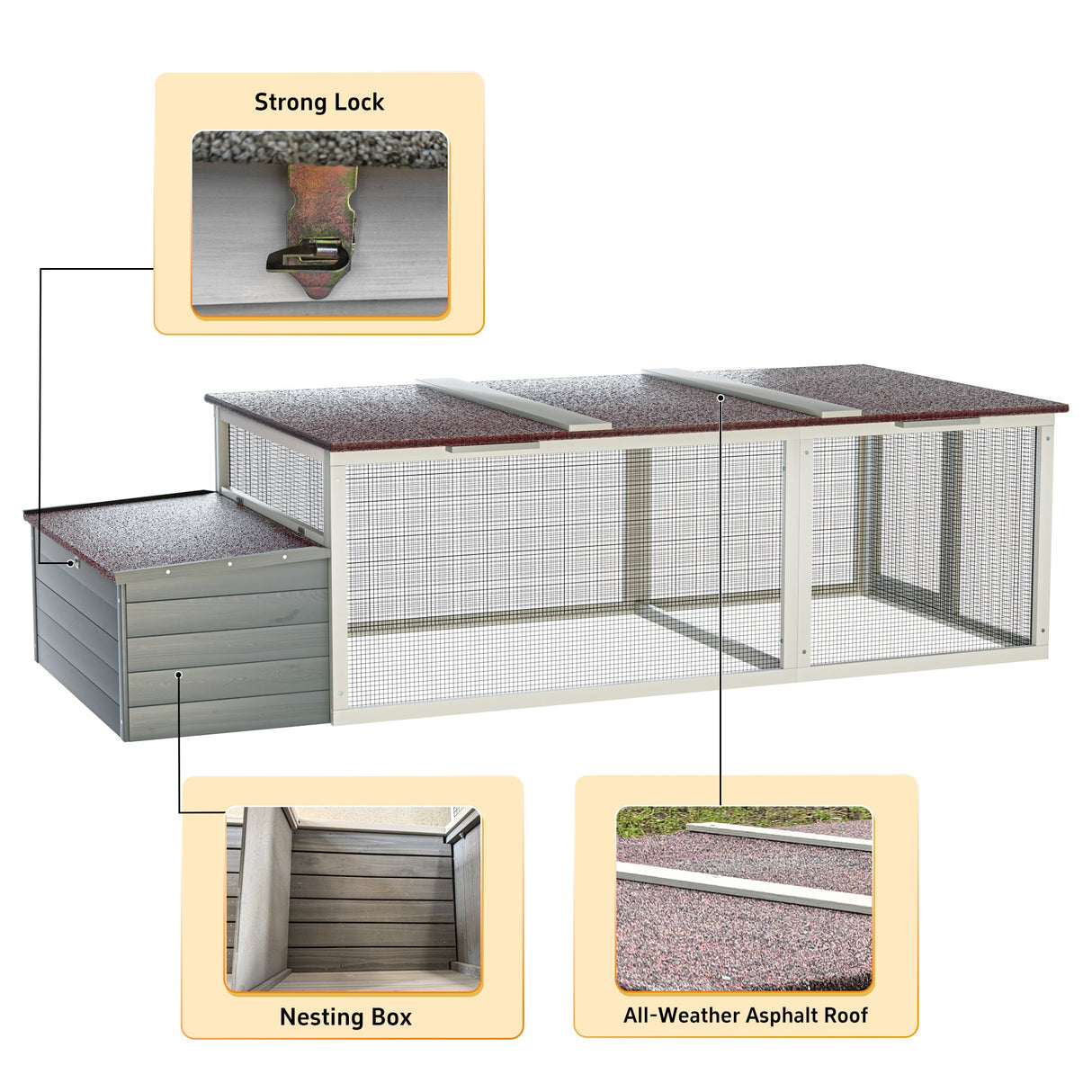 85.6" Large Wooden Walk - in Chicken Coop with Nesting Box & Weatherproof Asphalt Roof Secure Locks Metal Mesh Run - Fab Heavy Parts