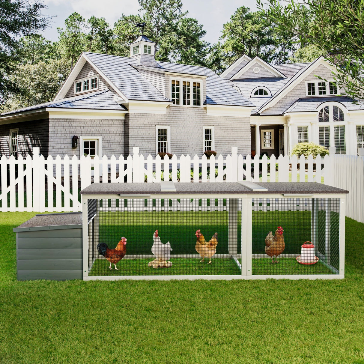 85.6" Large Wooden Walk - in Chicken Coop with Nesting Box & Weatherproof Asphalt Roof Secure Locks Metal Mesh Run - Fab Heavy Parts