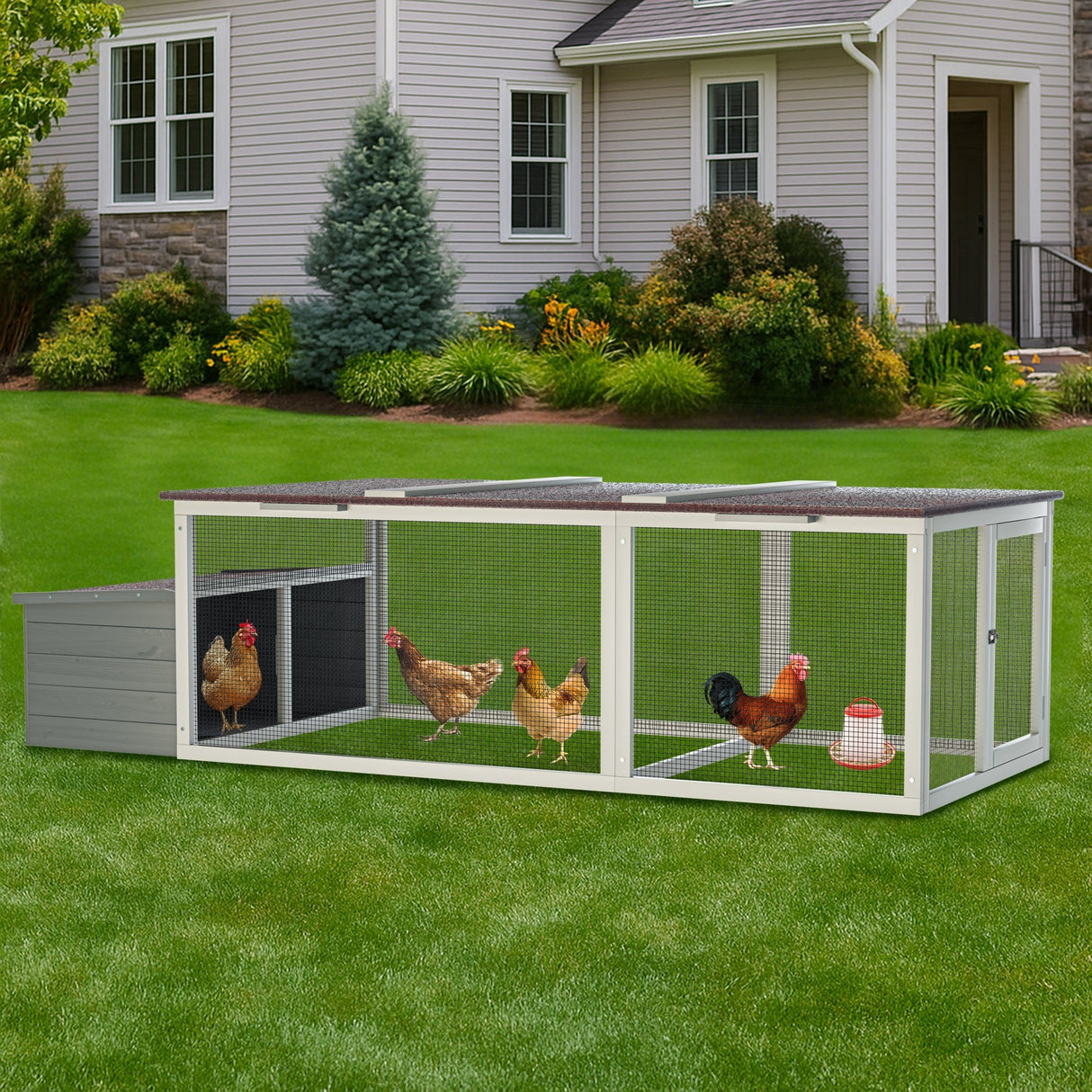 85.6" Large Wooden Walk - in Chicken Coop with Nesting Box & Weatherproof Asphalt Roof Secure Locks Metal Mesh Run - Fab Heavy Parts