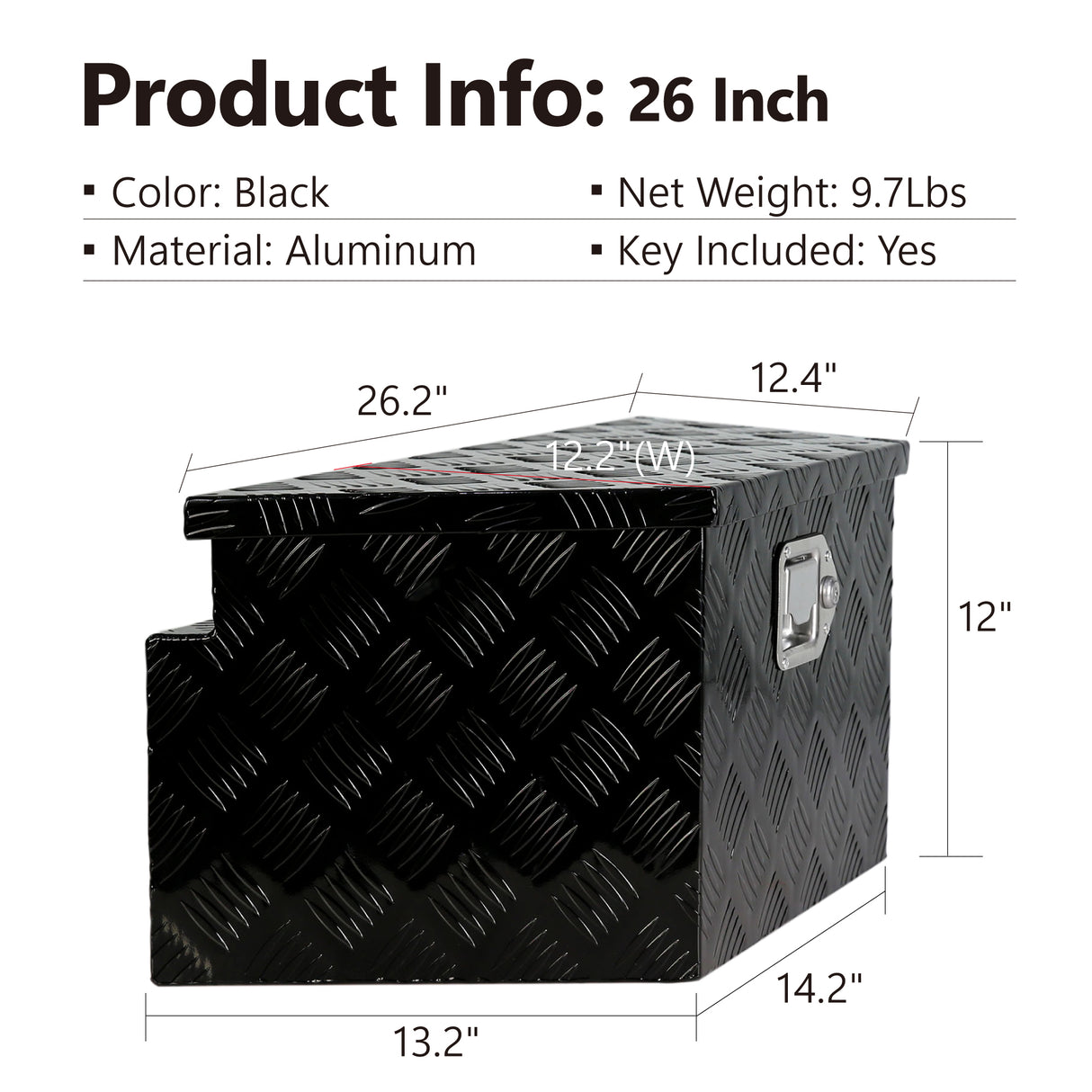 26 Inch Truck Box Aluminum Stripes Plated Tool Box na may Lock at Keys Black 26.2"x13.2"x12"