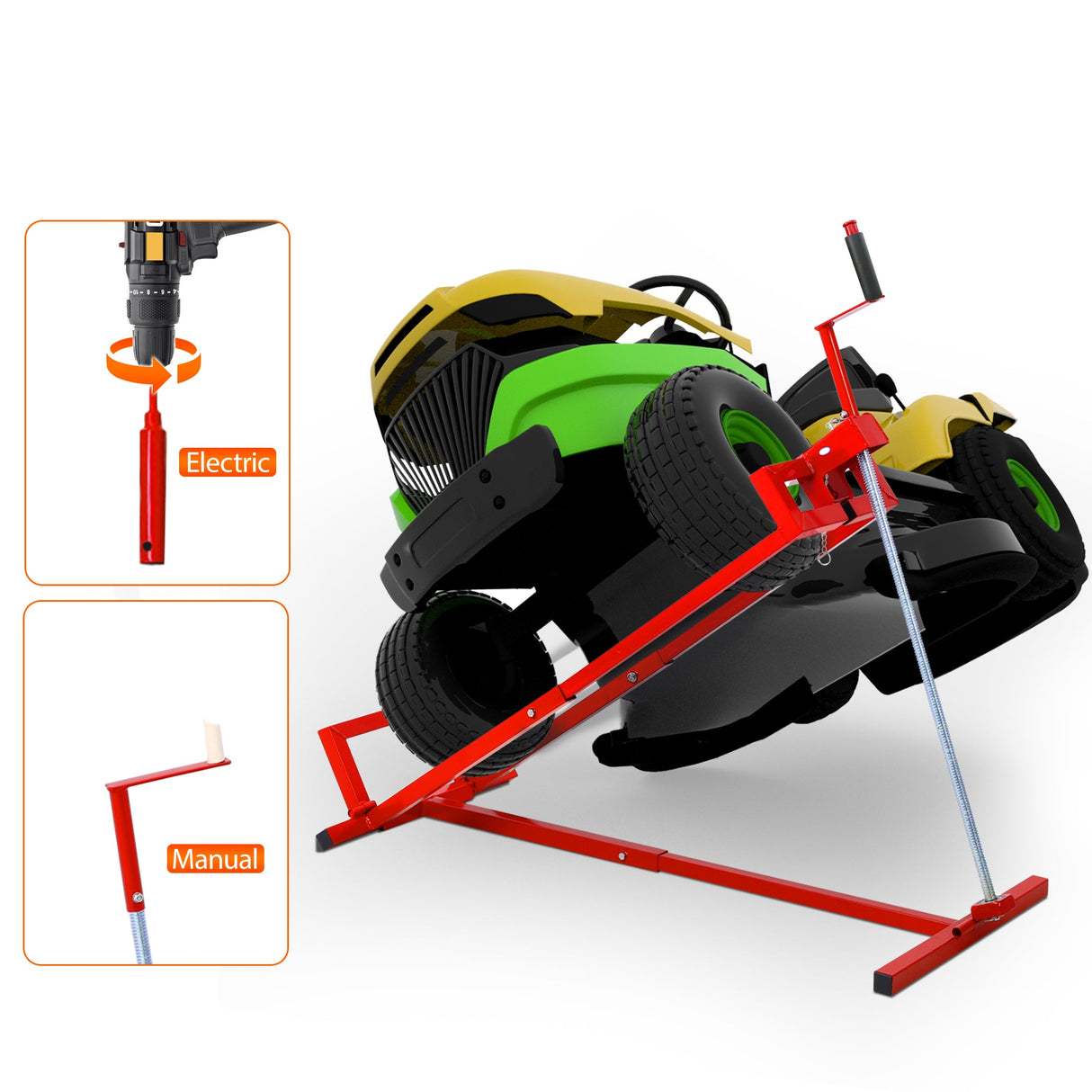 880 Lbs Heavy Duty Steel Riding Mower Lift Jack Foldable Telescopic Maintenance with Manual & Power Tool Handle - Fab Heavy Parts