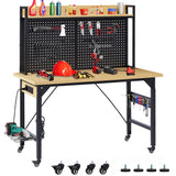 48'' Adjustable Wooden Workbench with Pegboard and Wheels with AC/USB Outlet Hooks Shelf Heavy Duty 1600 lb. Capacity