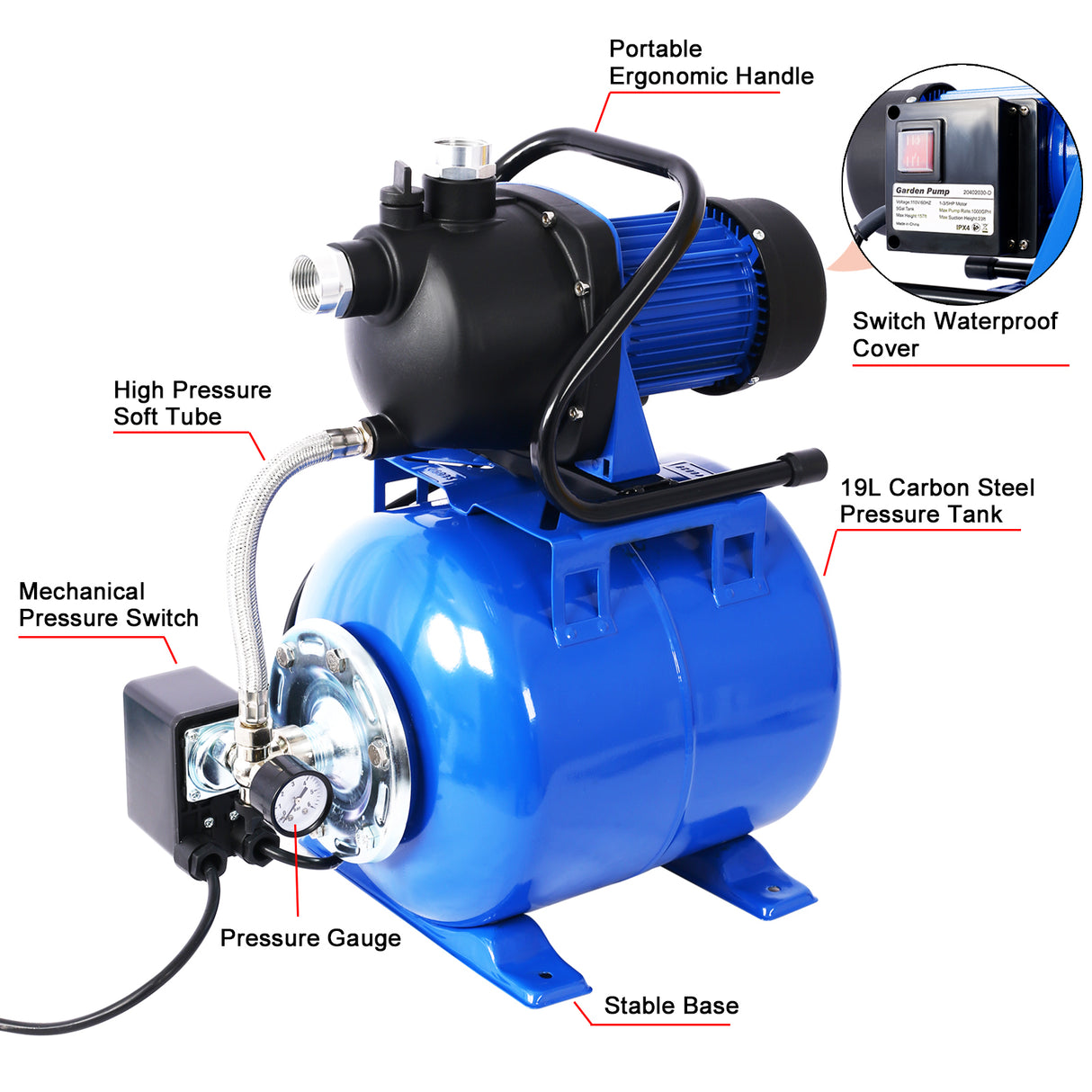 1.6HP Shallow Well Pump with Pressure Tank Automatic Booster Pump--Blue