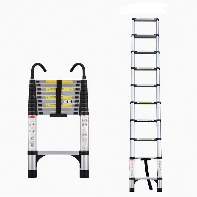9.5 Foot Aluminum Button Telescopic Ladder with 2 Triangular Stabilizers and Hooks Multi - Purpose Max. 330 Pounds - Fab Heavy Parts