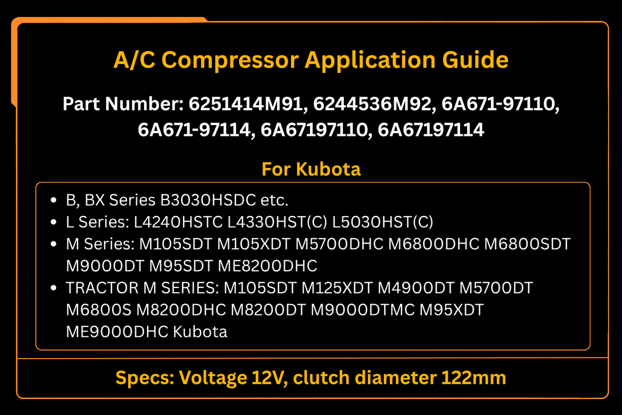 Compressore aria condizionata 6A671-97110 adatto per trattore Kubota M105 M4900 M5700 M6800 M8200 M9000