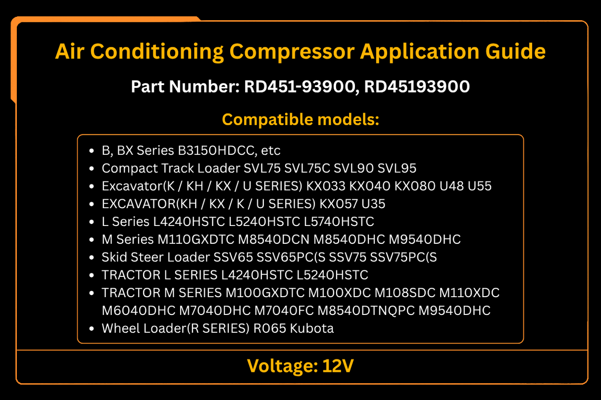 Air Conditioning Compressor RD451-93900 RD45193900 Fit Kubota Tractor M100XDC M108SDC M110XDC L4240HSTC L5240HSTC