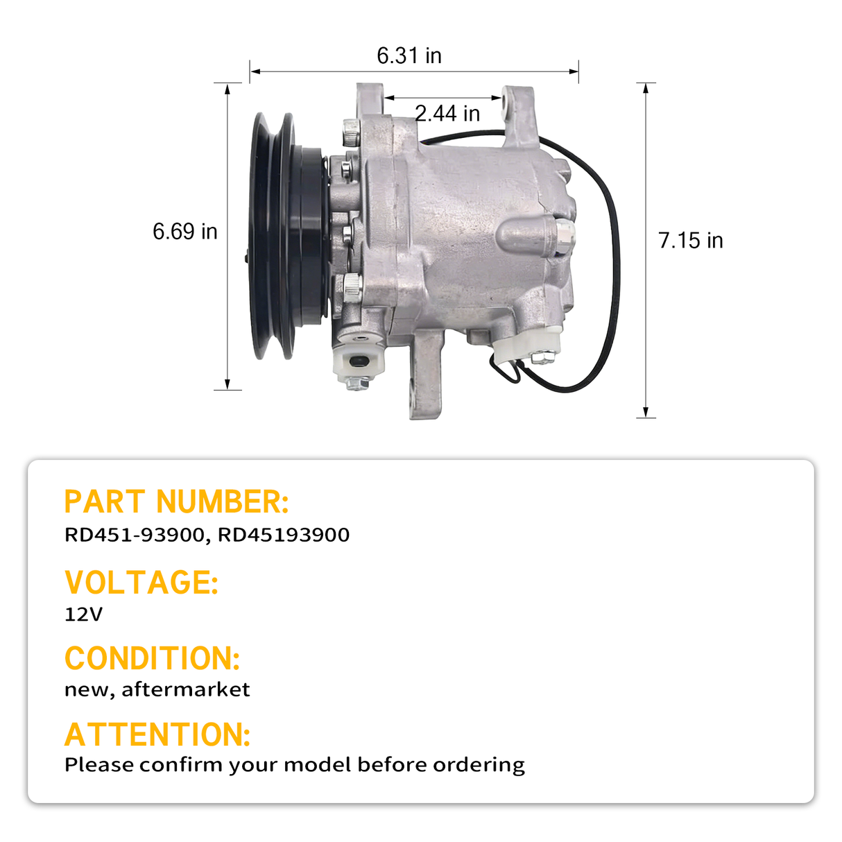 Air Conditioning Compressor RD451-93900 RD45193900 Fit Kubota Tractor M100XDC M108SDC M110XDC L4240HSTC L5240HSTC