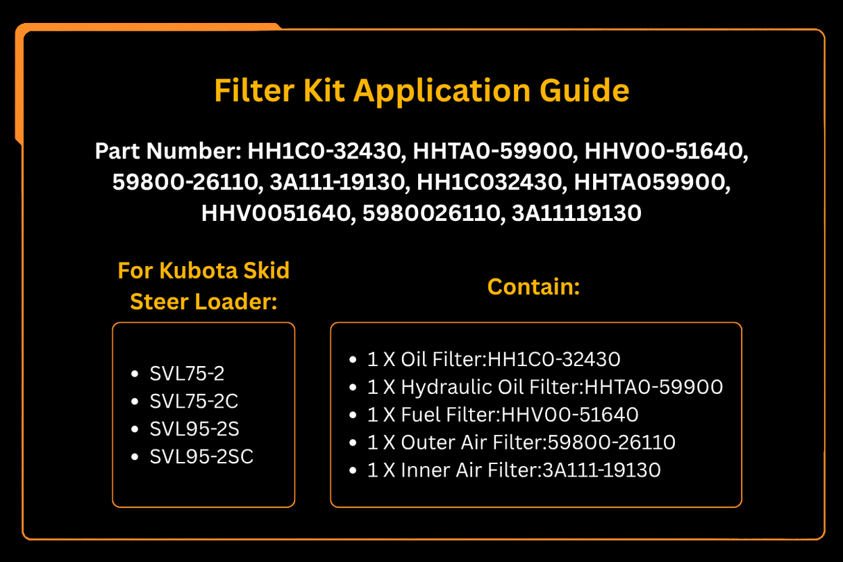 Filtersatz HH1C0-32430 59800-26110 für Kubota SVL75-2 SVL75-2C SVL95-2S SVL95-2SC Lader