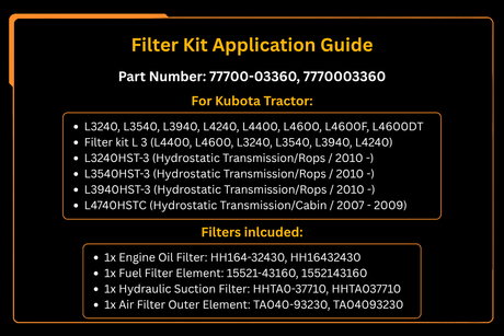 Filtersatz 77700-03360 für Kubota Traktor L-Serie L3240 L3540 L3940 L4240 L4400 L4600 L4600F L4600DT