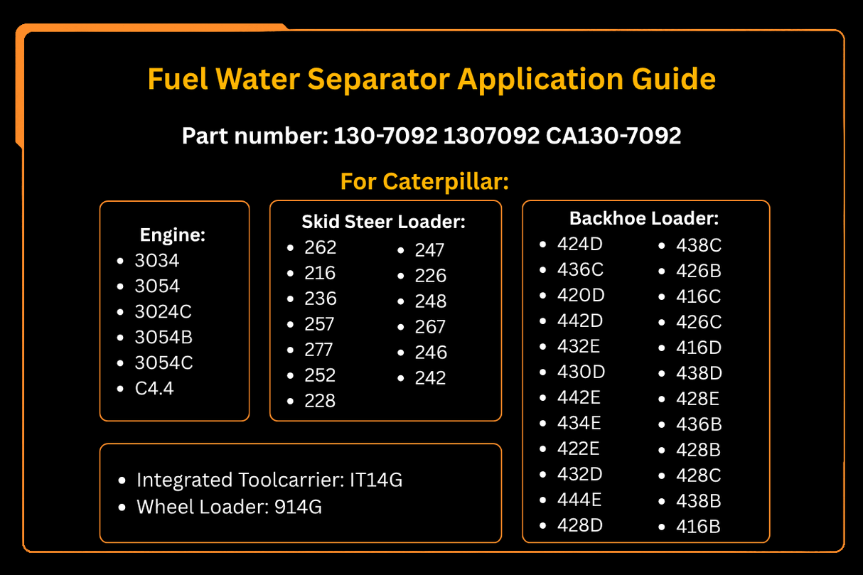Séparateur d'eau de carburant 130-7092 1307092, convient pour Caterpillar 424D 436C 420D 442D 432E C4.4 3054