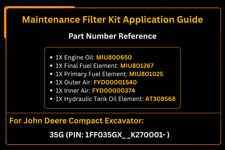 El kit de filtro de mantenimiento se adapta a la excavadora compacta John Deere 35G (PIN: 1FF035GX_ _K270001-)
