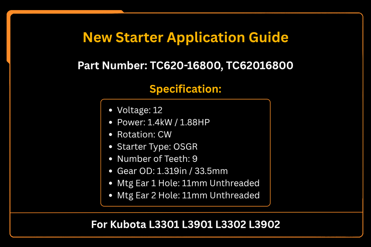 TC620-16800 New Starter Fits for Kubota L3301 L3901 L3302 L3902