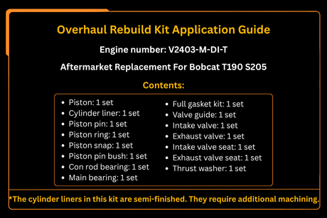 Kit de révision et de reconstruction du moteur Kubota, remplacement pour Bobcat T190 S205, V2403-M-DI-T