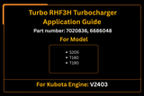 Turbocompressor 7020836 6686048 Turbo RHF3H, substituição pós-venda para Bobcat S205 T180 T190 Kubota, motor V2403