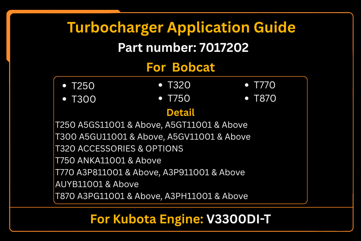 Substituição pós-venda do turbocompressor 7017202 para Bobcat T250 T300 T320 T750 T770 T870 Kubota, motor V3300DI-T
