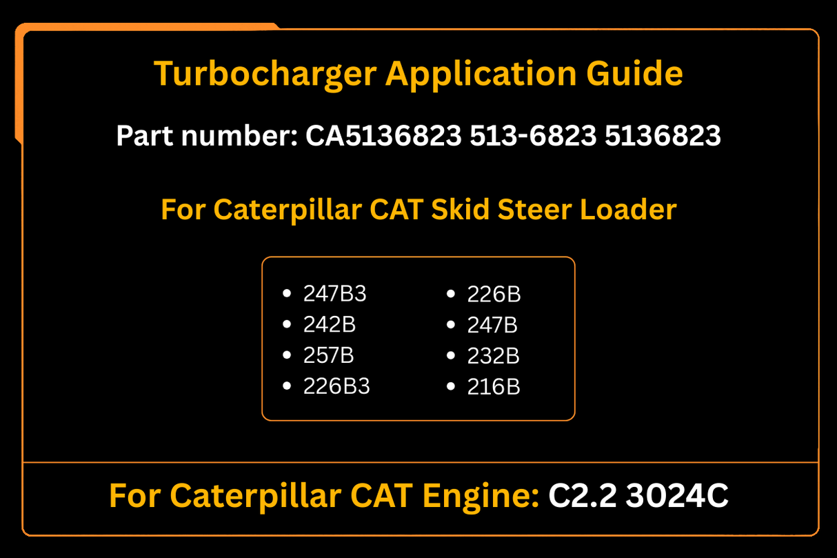 Turbocharger application guide for Caterpillar CAT Skid Steer Loader with part numbers and engine details.